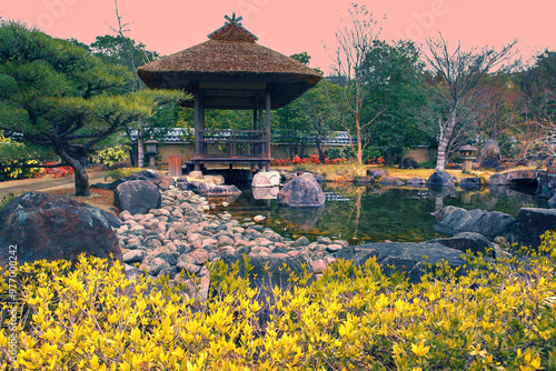 Japanese garden Kokoen Park at sunset photo