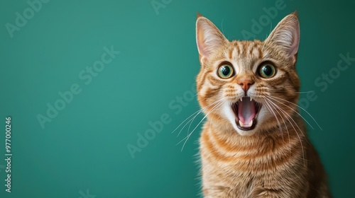 Surprised by something off-screen, the funny cat with an open mouth stares in shock, portrait on a green background with copy space.