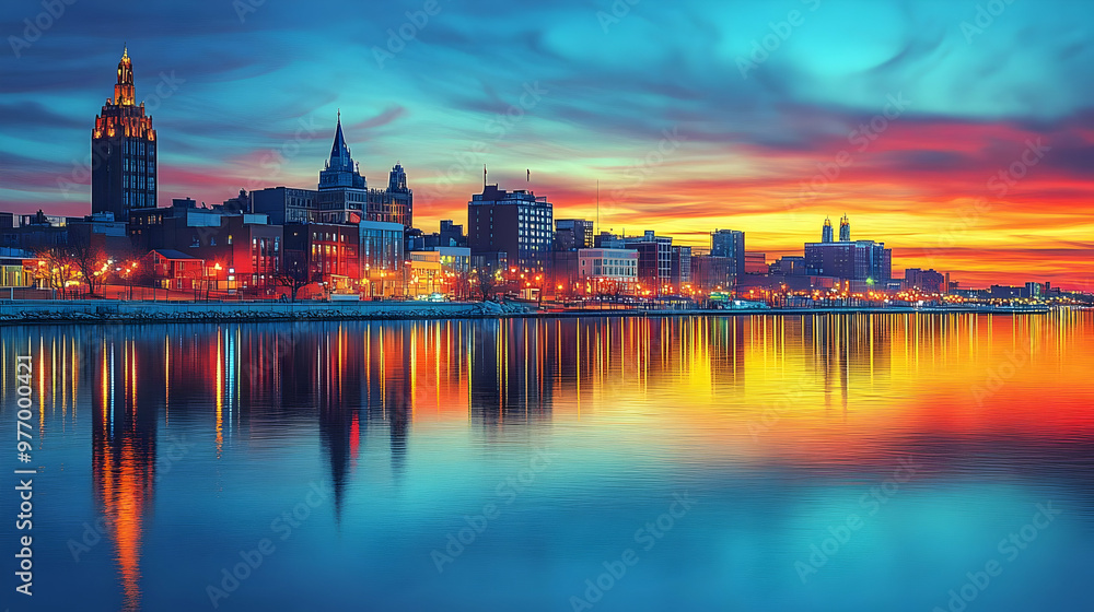 Obraz premium A vibrant sunset illuminates the cityscape, casting colorful reflections on the calm water.
