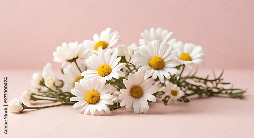 Obraz premium Minimal styled concept. White daisy chamomile flowers on pale pink background. Creative lifestyle, summer, spring concept. Copy space, flat lay, top view 