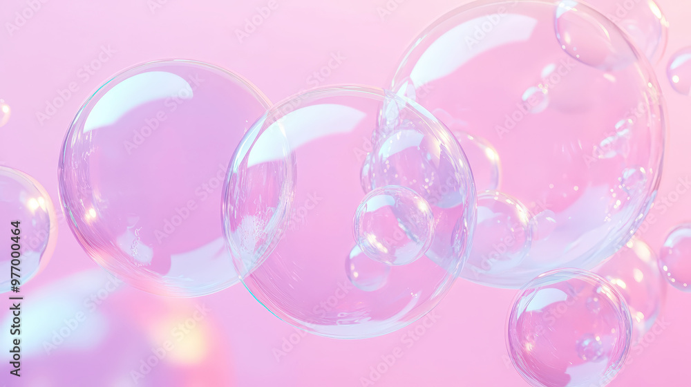 Aesthetic transparent soap bubbles floating on a pastel pink background. Detergents and cleaning products. Generative AI Aesthetic transparent soap bubbles floating on a pastel pink background. Detergents and cleaning products. Generative AI