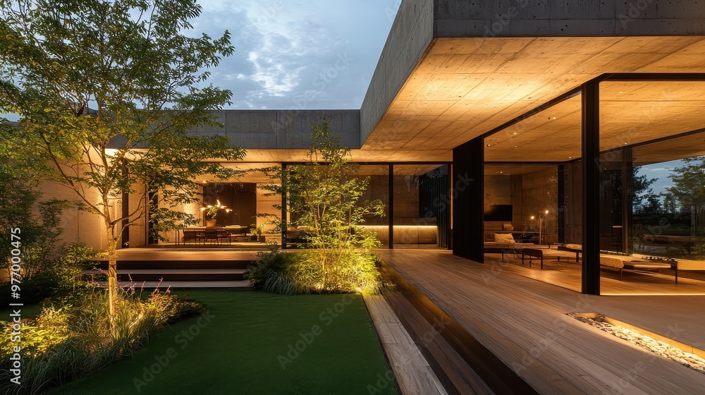 Modern Concrete House with Wooden Deck and Garden Lighting at Night Modern Concrete House with Wooden Deck and Garden Lighting at Night