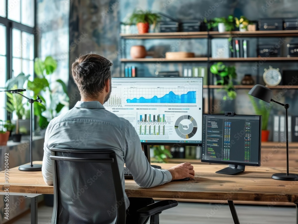 Person analyzing financial data on a multi-monitor setup in a modern office with natural light, plants, and wooden furnishings. Person analyzing financial data on a multi-monitor setup in a modern office with natural light, plants, and wooden furnishings.