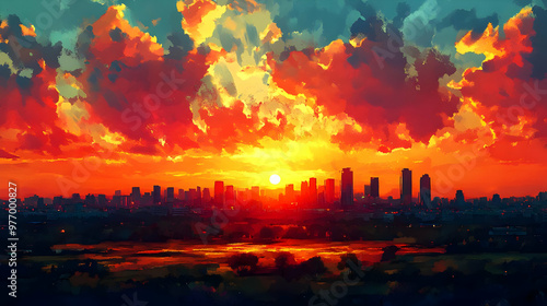 A vibrant sunset over a city skyline with a fiery sky filled with clouds.