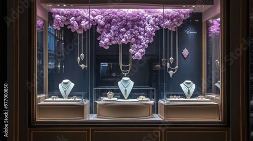 Jewelry Shop Window Display with Floral Decor