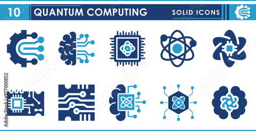 A set of solid icons related to Quantum Computing. Microchips, intelligent, quantum, physics, light, advanced, super, motherboard, and so on. Vector flat icons set.