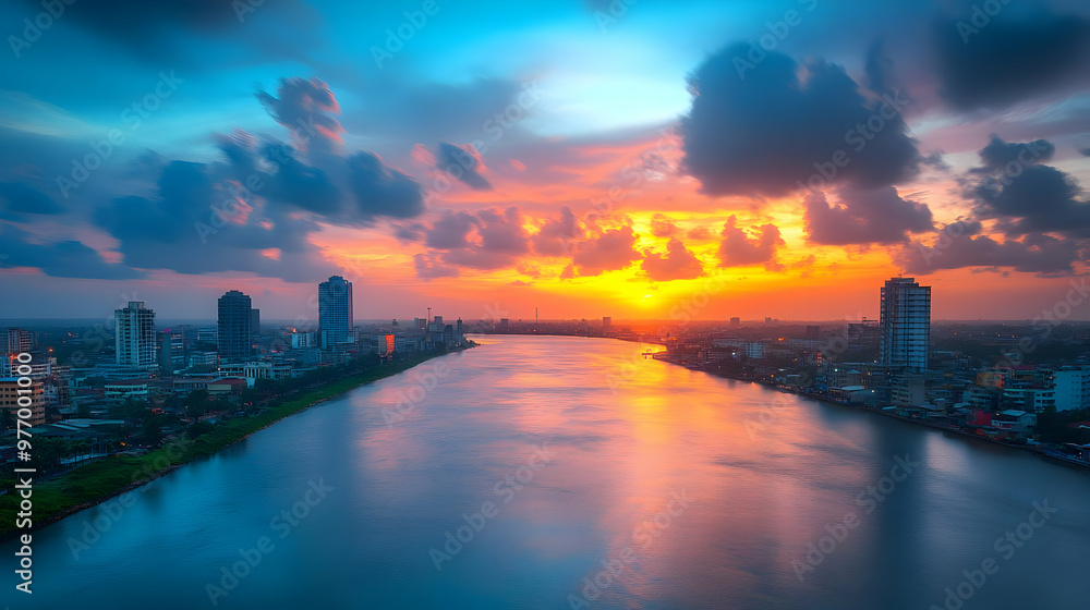 A vibrant sunset over a city skyline with a river in the foreground. A vibrant sunset over a city skyline with a river in the foreground.