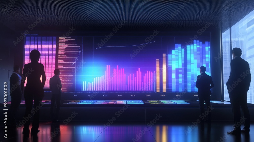 Fototapeta premium A 3D animated bar chart displayed on a large screen, showing real-time financial data and trends, with a team of professionals discussing the insights.