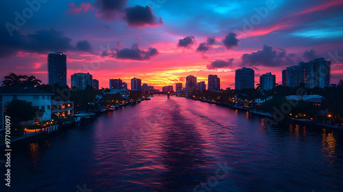 A vibrant sunset over a city skyline with a waterway in the foreground.