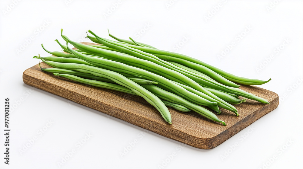 A bunch of fresh green string beans neatly laid out on a wooden board against a white background A bunch of fresh green string beans neatly laid out on a wooden board against a white background
