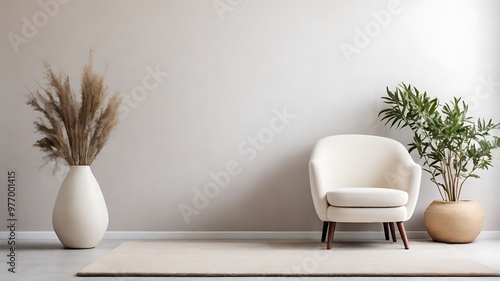 Minimalist living room with white vintage armchair carpet and elegant home decor including a dry plant in a vase against a copy space wall