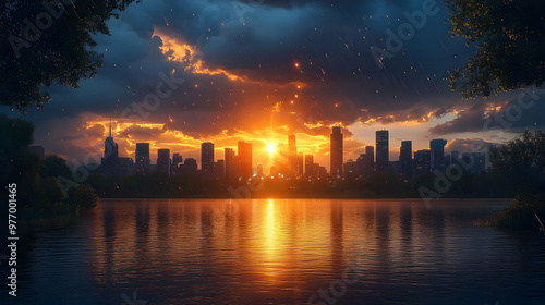 A vibrant sunset over a city skyline, reflecting in a calm lake.