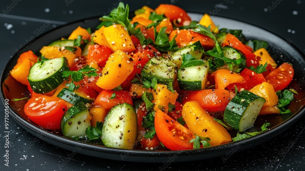 Fresh Vegetable Salad with Yellow Peppers Cucumbers Tomatoes Parsley and Black Pepper Fresh Vegetable Salad with Yellow Peppers Cucumbers Tomatoes Parsley and Black Pepper
