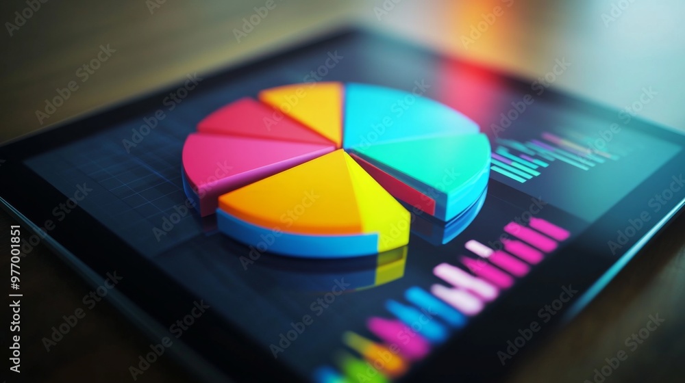 A 3D pie chart displayed on a digital tablet screen, showing different data segments with vibrant colors and a clean, tech-focused environment. A 3D pie chart displayed on a digital tablet screen, showing different data segments with vibrant colors and a clean, tech-focused environment.