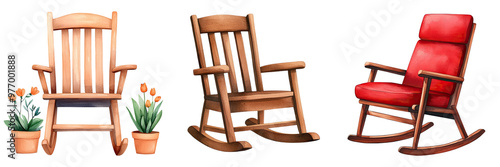 A vibrant collection of rocking chairs, showcasing cozy designs in various colors and styles, perfect for restful relaxation. Isolated on Transparent Background