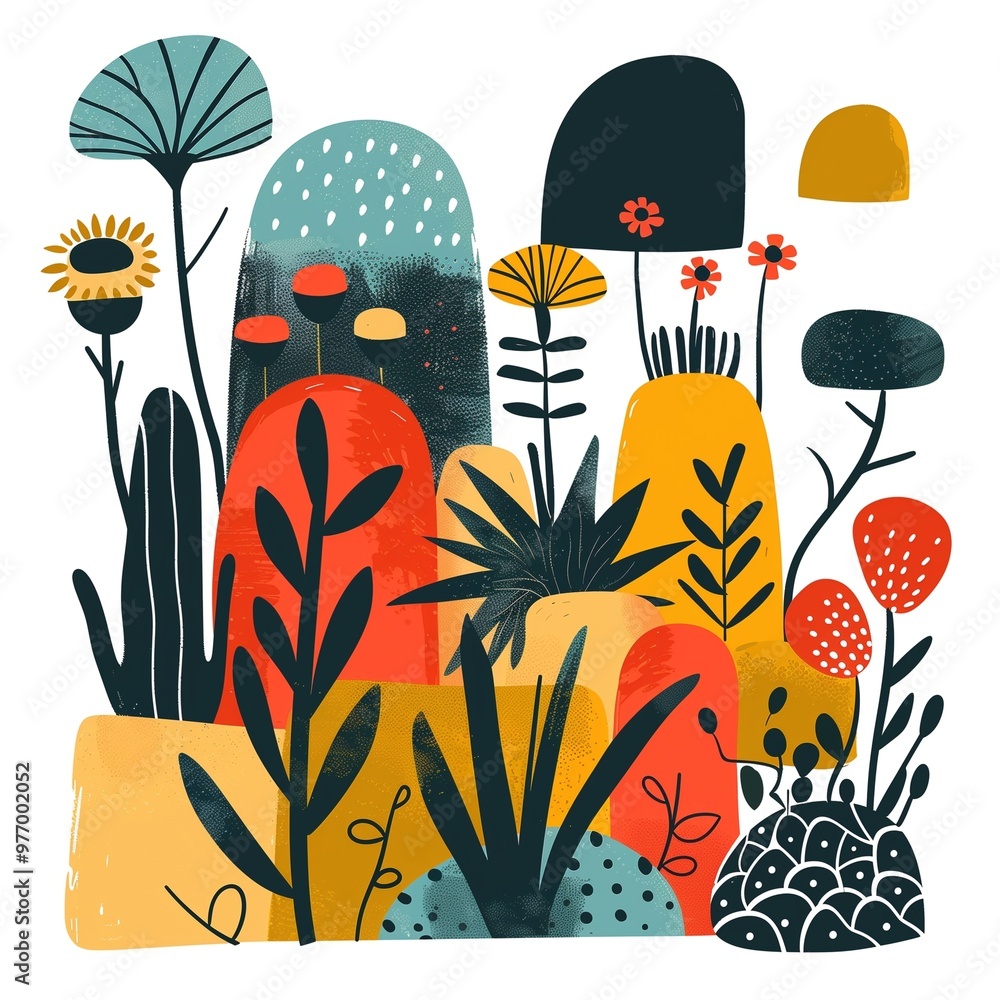 Modern botanical illustration with bold colors and abstract design Modern botanical illustration with bold colors and abstract design