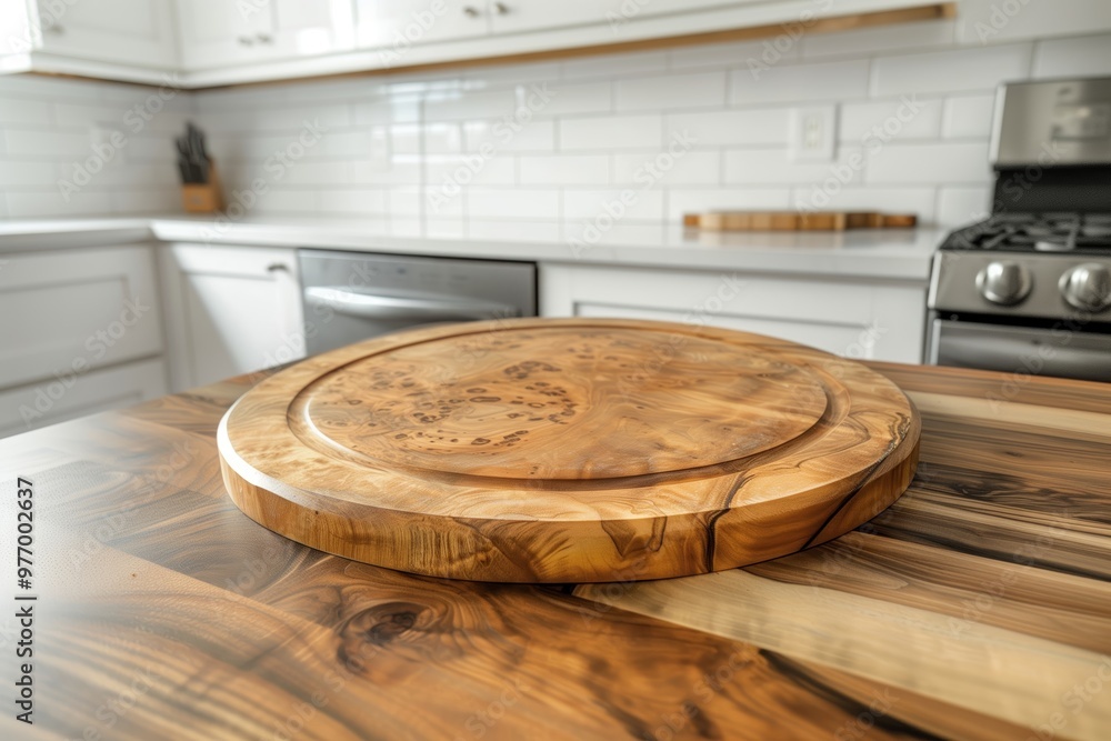 Empty round wooden chopping board sitting on kitchen countertop Empty round wooden chopping board sitting on kitchen countertop