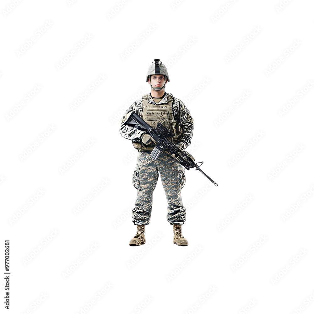 PNG TRANSPARENT IMAGE of a soldier in military uniform standing with a rifle in hand, full body view, combat-ready. PNG TRANSPARENT IMAGE of a soldier in military uniform standing with a rifle in hand, full body view, combat-ready.