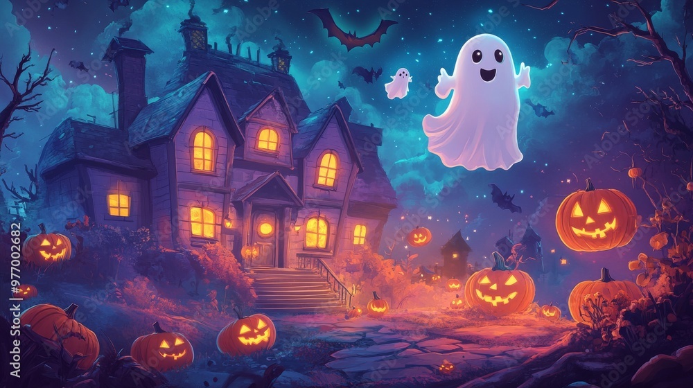 Cheerful cartoon haunted house with smiling ghosts, jack-o'-lanterns, and bats in night sky Cheerful cartoon haunted house with smiling ghosts, jack-o'-lanterns, and bats in night sky