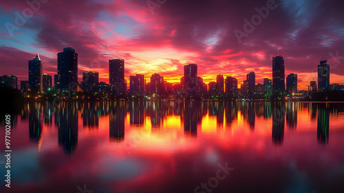 A vibrant sunset sky reflects on a still lake in front of a city skyline.