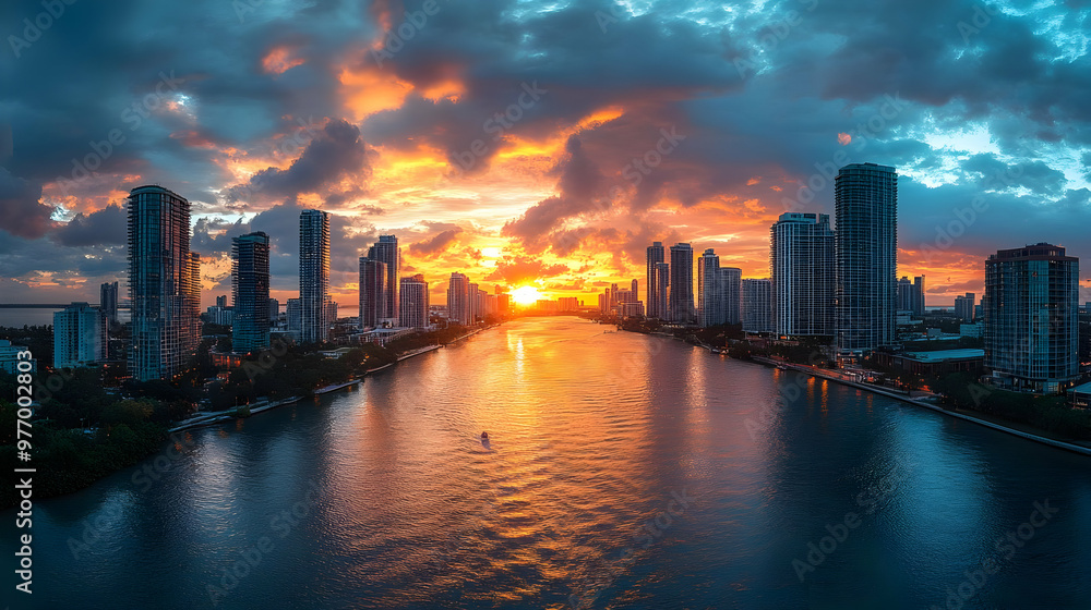 Fototapeta premium A vibrant, colorful sunset over a cityscape with a river running through it, casting a warm glow over the scene.
