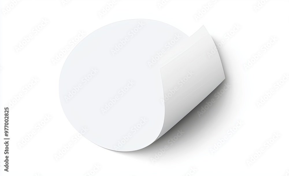 3D rendering of white round adhesive stickers with curved corners. Empty circle sticker label mockup showing curl. 3D rendering of white round adhesive stickers with curved corners. Empty circle sticker label mockup showing curl.