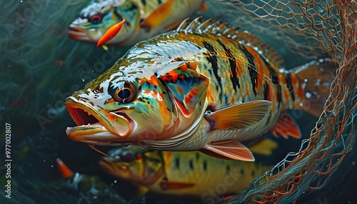 Vibrant catch of various fish entangled in expansive fishing net photo