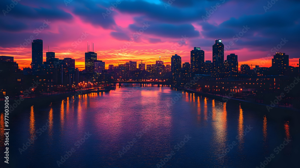 Fototapeta premium A vibrant, pink and purple sunset over a modern cityscape with a river flowing through it.