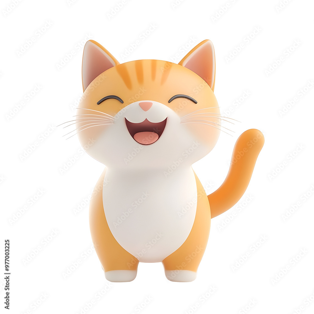 Playful 3D Cartoon Cat with Wagging Tail in Pastel Colors on White Background Playful 3D Cartoon Cat with Wagging Tail in Pastel Colors on White Background