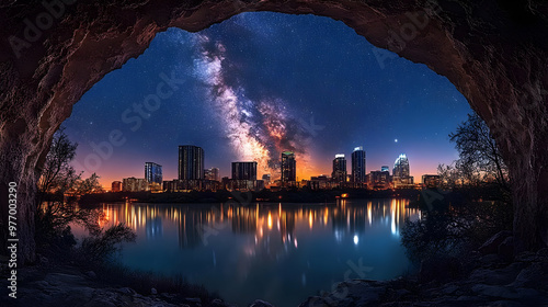 A view of a city skyline at...