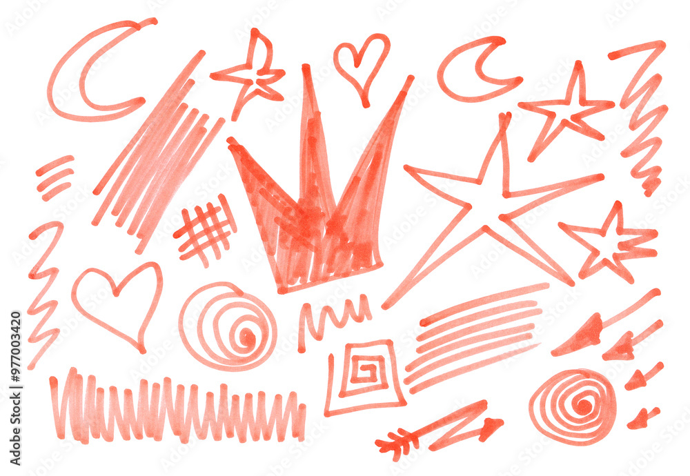 Set hand draw symbols and icon, red felt tip pen isolated on white