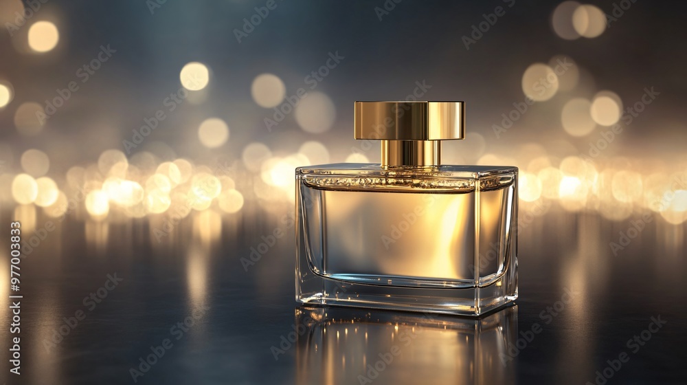 A single bottle of perfume with gold accents sits on a sleek black surface with a bokeh background. A single bottle of perfume with gold accents sits on a sleek black surface with a bokeh background.