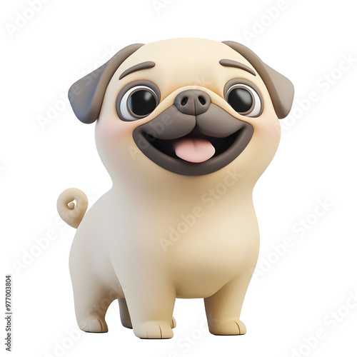 Playful Pug Portrait in 3D Render with Pastel Colors and Simple Lines