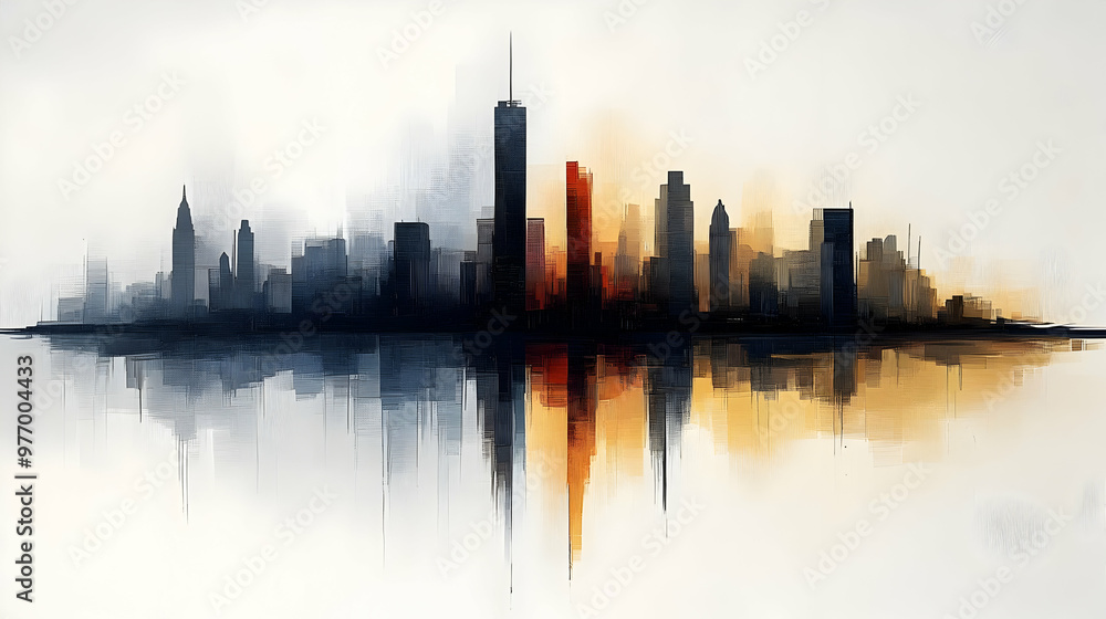 A watercolor painting of a city skyline with skyscrapers and buildings reflecting in the water. A watercolor painting of a city skyline with skyscrapers and buildings reflecting in the water.
