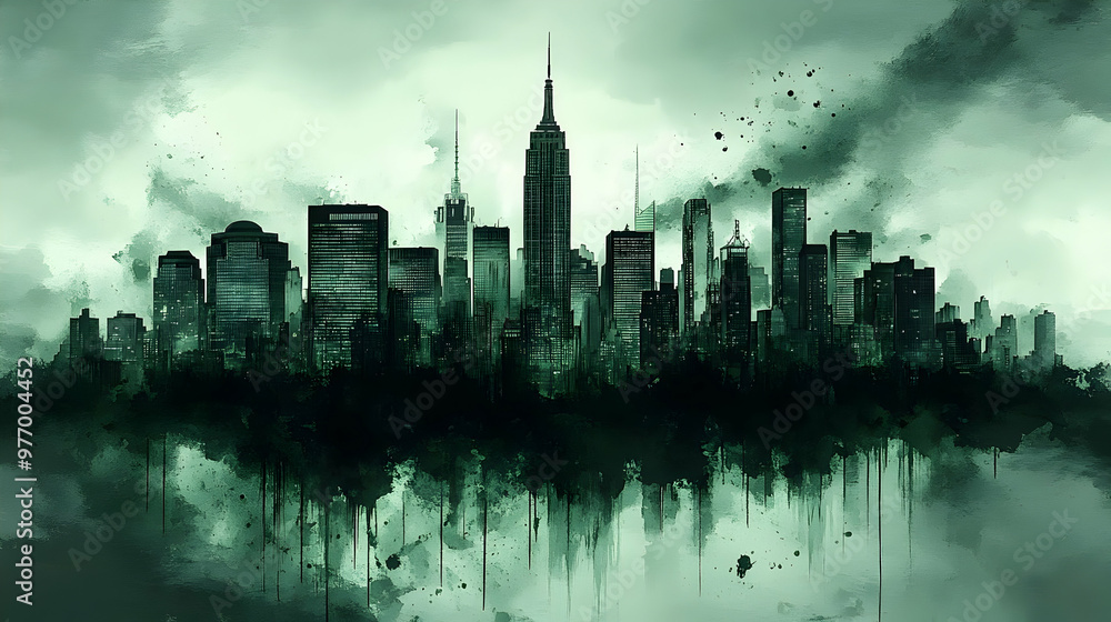 Obraz premium A watercolor painting of a city skyline with tall buildings, rendered in shades of grey and green, with a sense of mystery and intrigue.