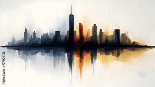 Wallpaper Mural A watercolor painting of a city skyline with skyscrapers and buildings reflecting in the water. Torontodigital.ca