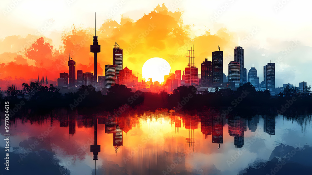 A watercolor-style cityscape at sunrise with a large sun, reflected in the water. A watercolor-style cityscape at sunrise with a large sun, reflected in the water.