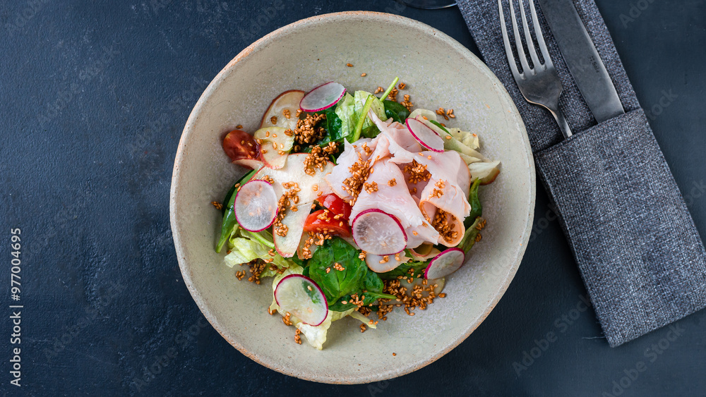 Salad with chicken ham, radish, spinach, lettuce and cherry tomatoes. Salad with chicken ham, radish, spinach, lettuce and cherry tomatoes.