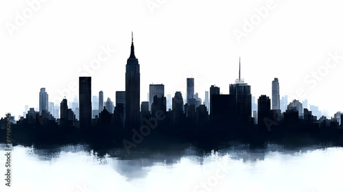 A watercolor silhouette of the New York City skyline against a white background.