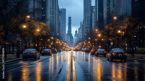 A wet city street lined wit...