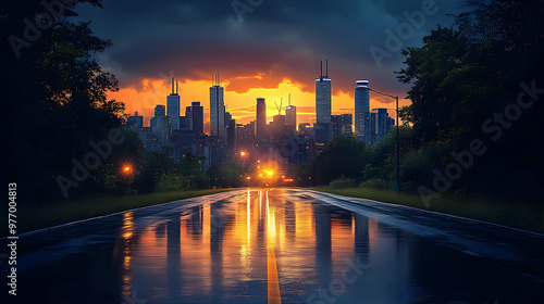 A wet road leads towards a ...