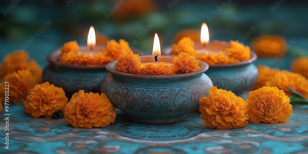 Marigold Floral Arrangement with Candles for Indian Festival Decoration Marigold Floral Arrangement with Candles for Indian Festival Decoration