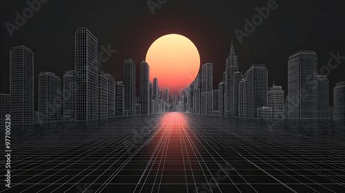 A wireframe cityscape with ...