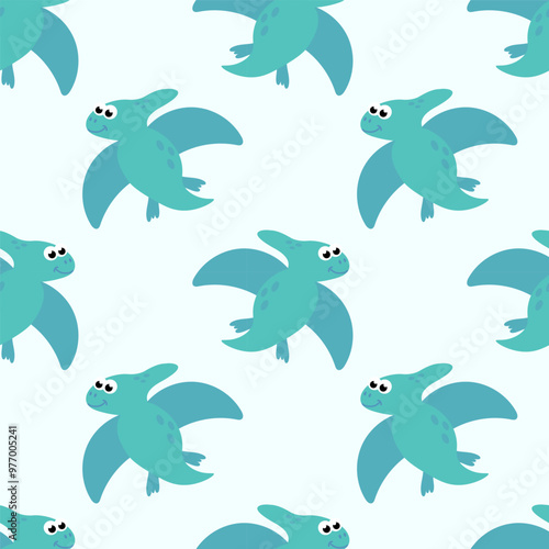 Seamless Pattern with Cute baby dinosaur. Hand drawn pterodactyl. Flat cartoon vector illustration.