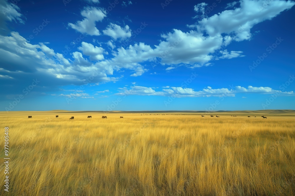 Vast Steppe Landscape Under a Brilliant Blue Sky with Thundering Horses Vast Steppe Landscape Under a Brilliant Blue Sky with Thundering Horses