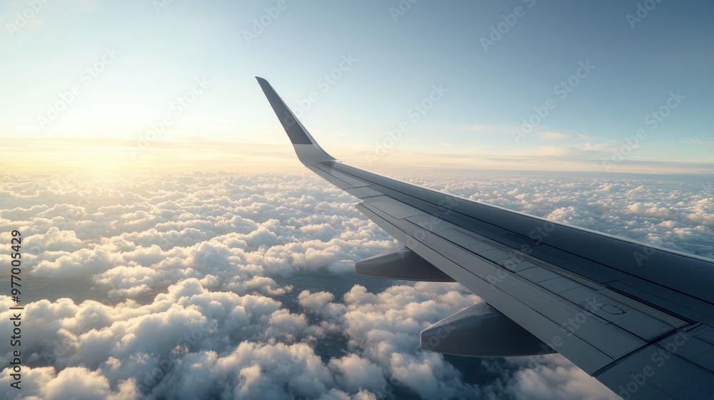 Obraz premium Above the Clouds: Airplane Wing View on Epic Adventure - Ultra HD with Copy Space
