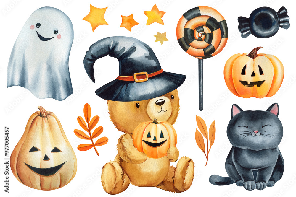 Halloween set with Teddy bear, ghost and black cat on isolated background. Hand-Painted watercolor holiday poster, card Halloween set with Teddy bear, ghost and black cat on isolated background. Hand-Painted watercolor holiday poster, card