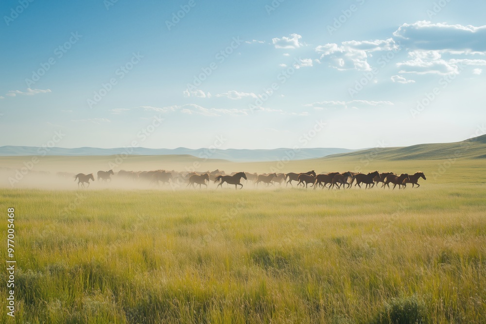 Raw, Untamed Beauty of a Windswept Steppe with Wild Horses Galloping Raw, Untamed Beauty of a Windswept Steppe with Wild Horses Galloping