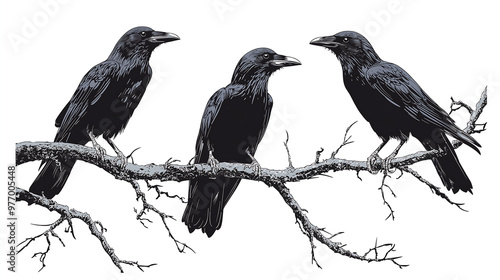 Three ravens perched on a tree branch a vector illustration against a white background photo