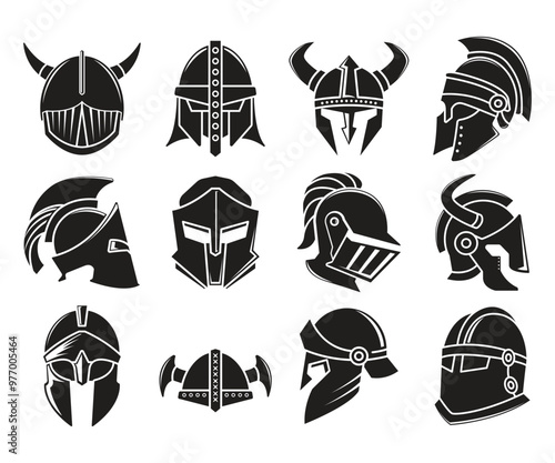warrior and Viking helmet icons set vector illustration